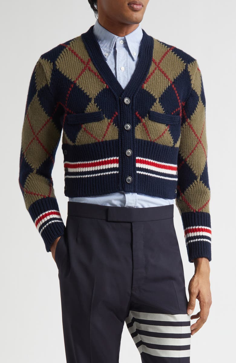 Thom Browne Argyle Intarsia Shrunken Virgin Wool Blend Cardigan, Main, color, Navy