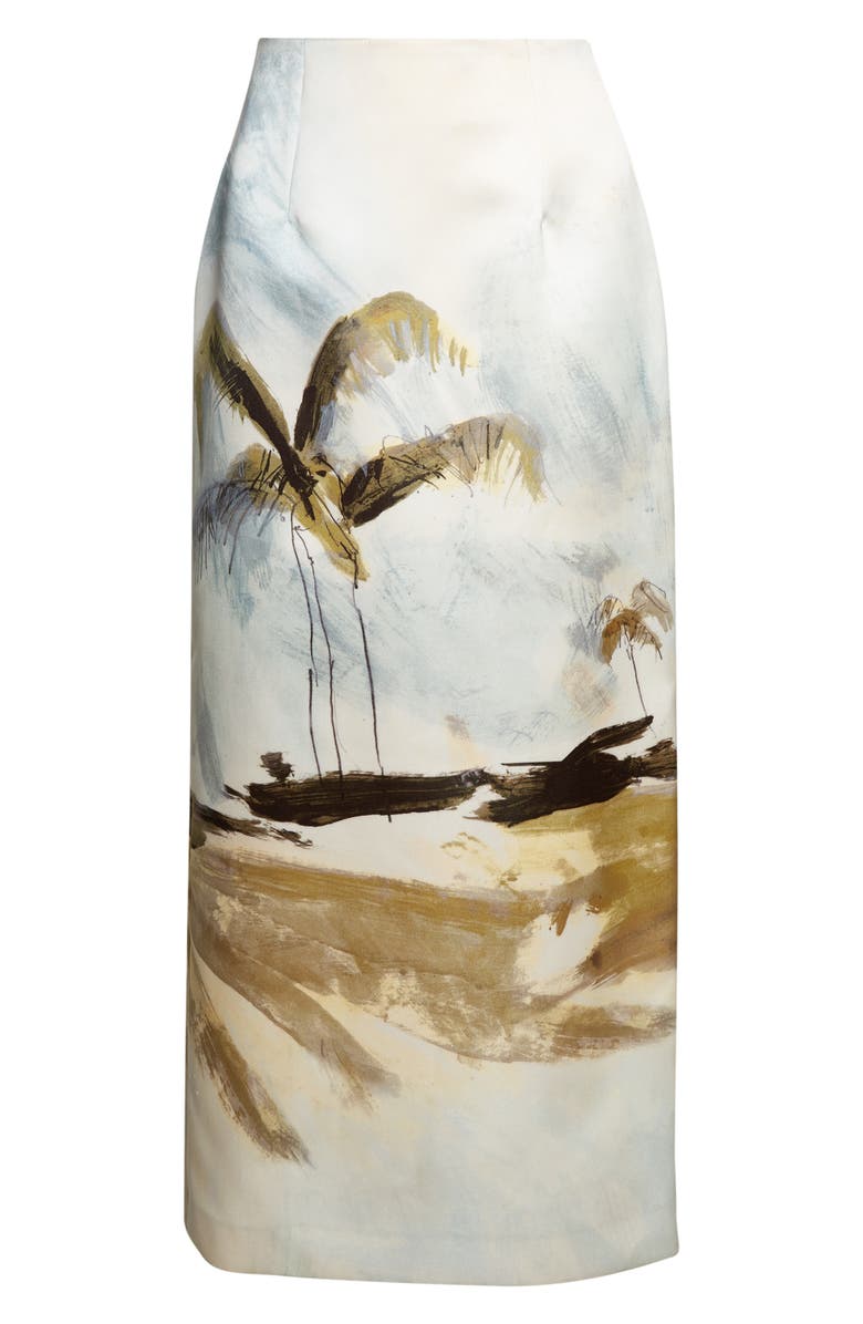 Oscar de la Renta Dominican Landscape Satin Pencil Skirt, Alternate, color, Blue Green Multi