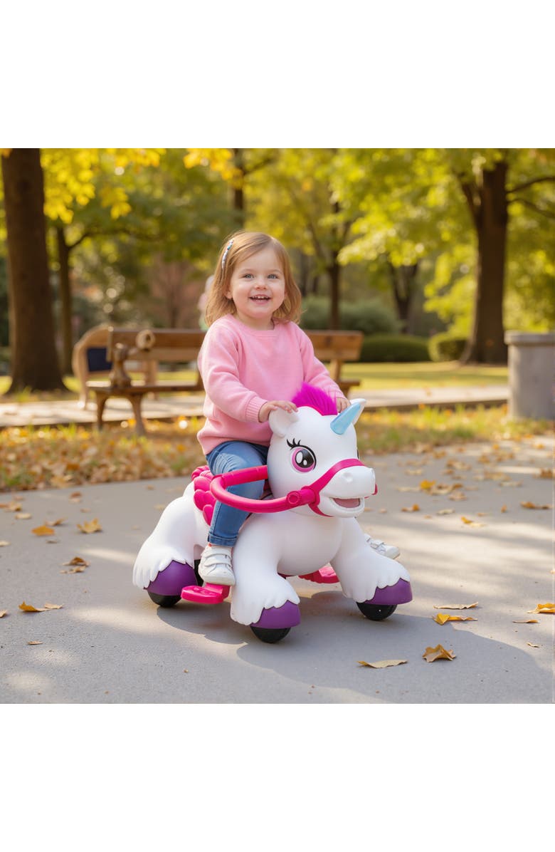 Qaba 12V Ride on Horse Battery Powered Ride on Unicorn Toy with Carrot Toy Comb Animal Sounds for Girls Boys Aged Years Old, Alternate, color, White