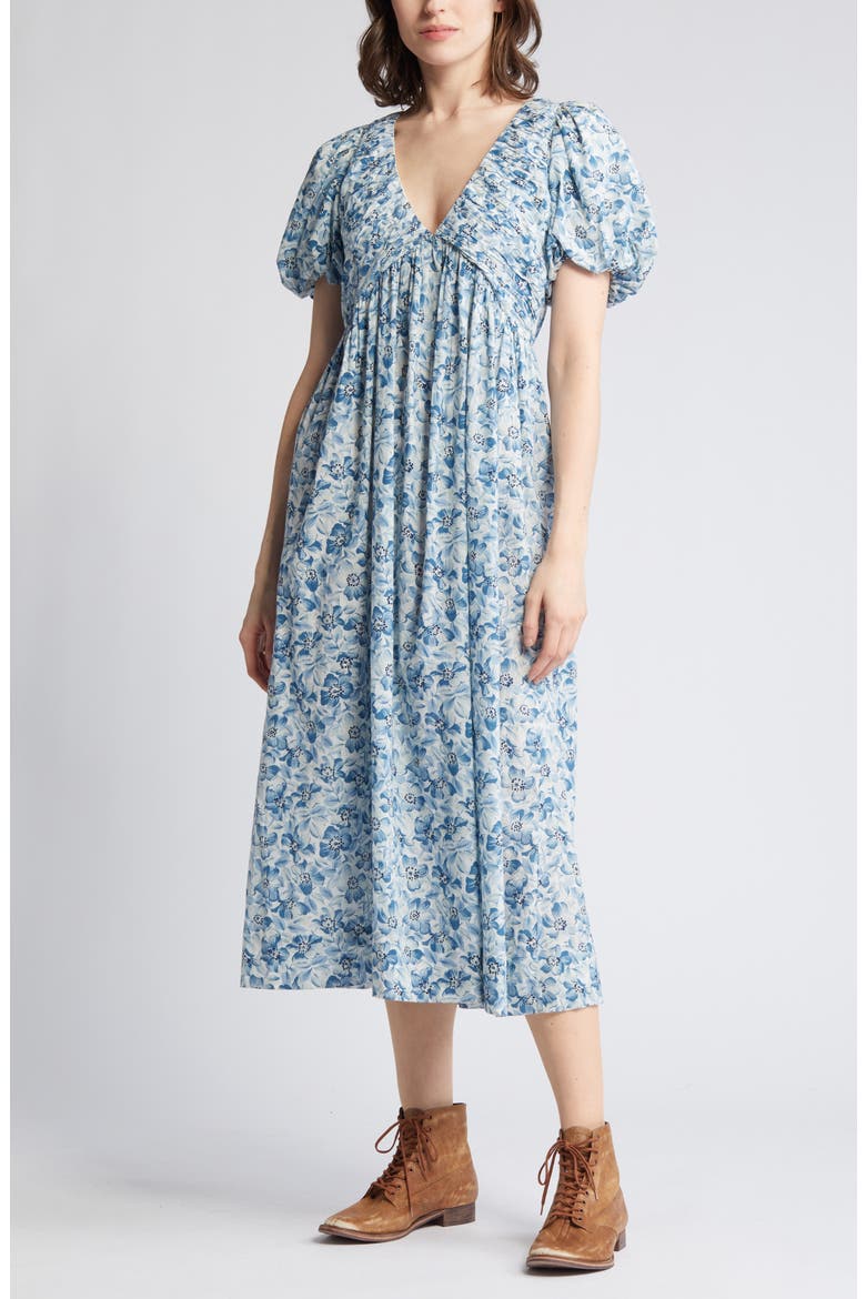 The Gallery Floral Cotton Midi Dress, Alternate, color, LIGHT SKY PRESSED FLORAL PRINT