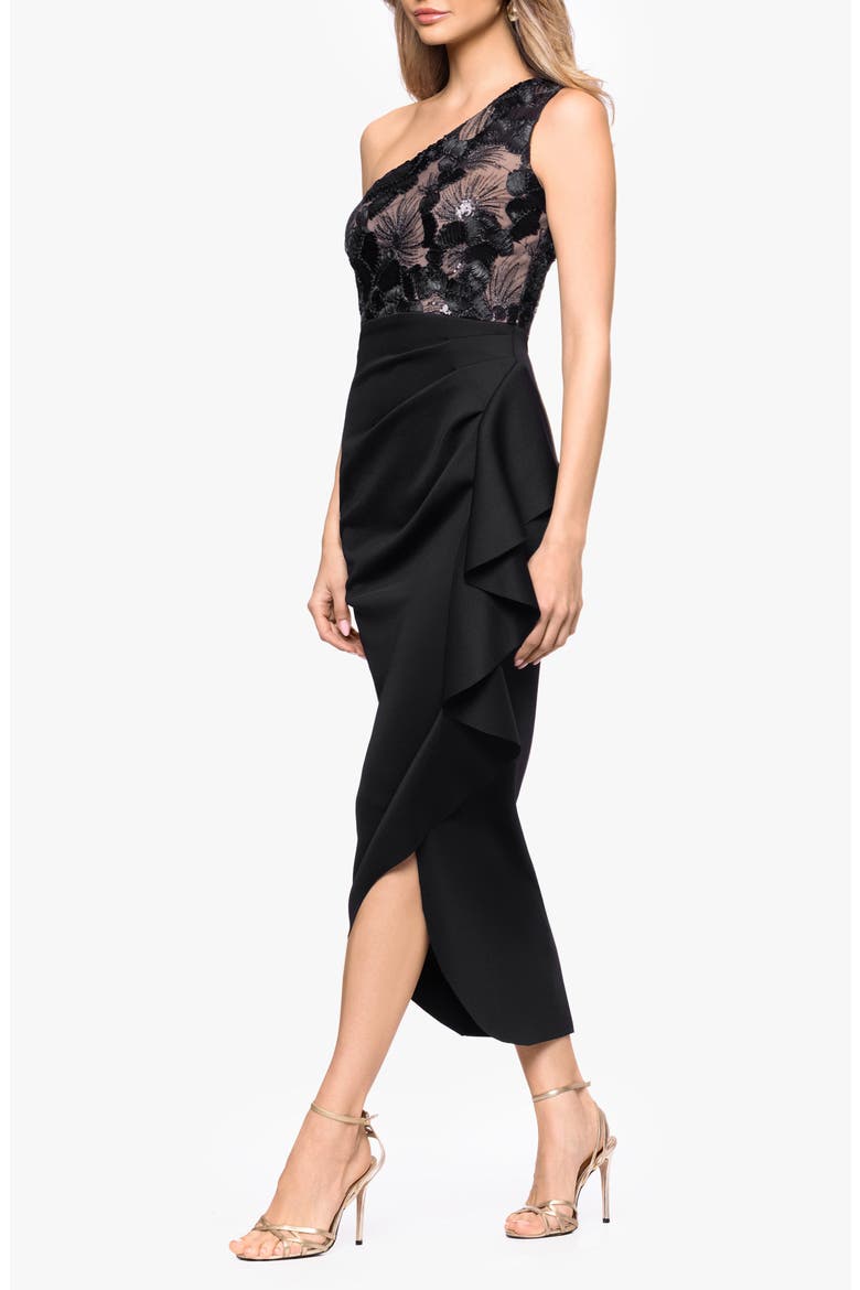 Metallic Floral Mixed Media One-Shoulder Cocktail Midi Dress, Alternate, color, BLACK/ NUDE