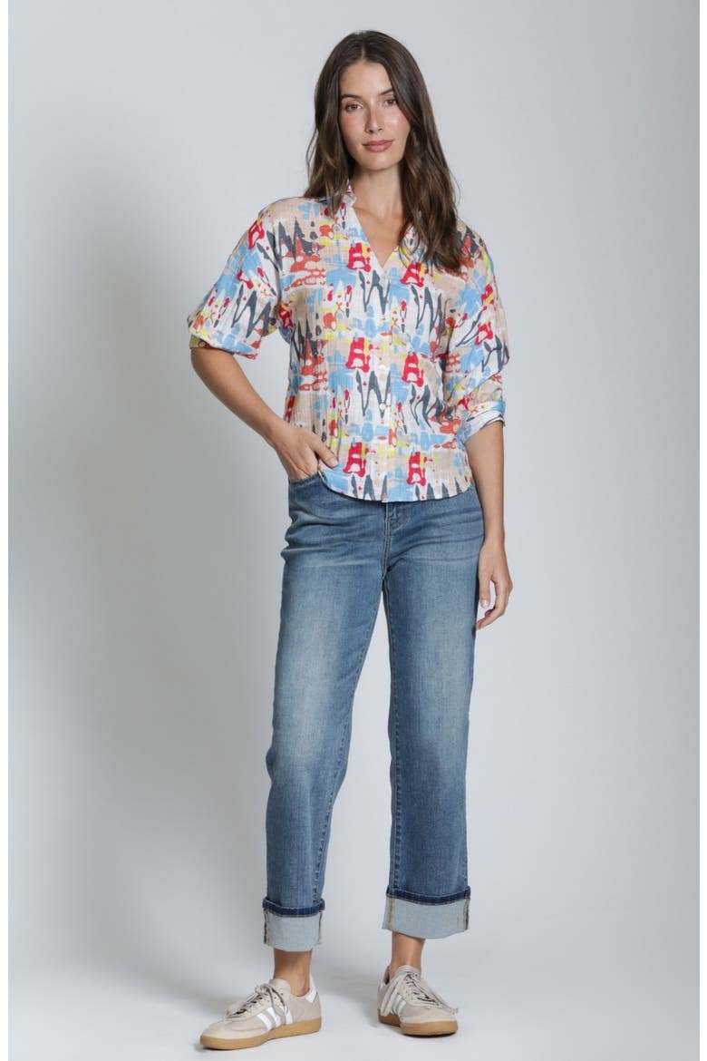 Abstract Print Elbow Sleeve Button-Up Shirt, Alternate, color, BLUE MULTI