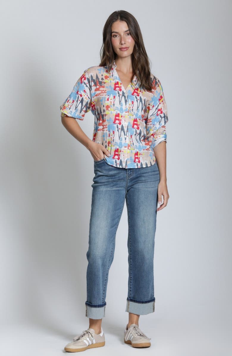 APNY Abstract Print Elbow Sleeve Button-Up Shirt, Alternate, color, Blue Multi