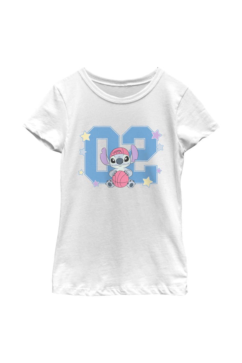 Girl's Lilo & Stitch Basketball Player Number 02  Graphic T-Shirt, Main, color, White