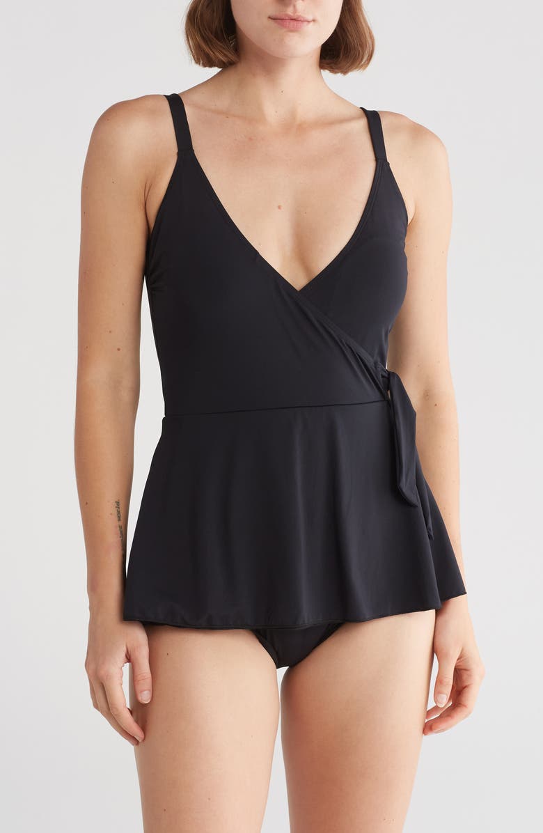 Betsey Johnson Faux Wrap Skirted One-Piece Swimsuit, Main, color, 