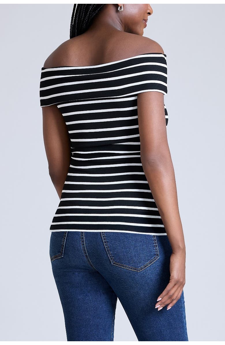 MOTHERHOOD MATERNITY Rib Knit Short Sleeve Off The Shoulder Top, Alternate, color, Black & White Stripe