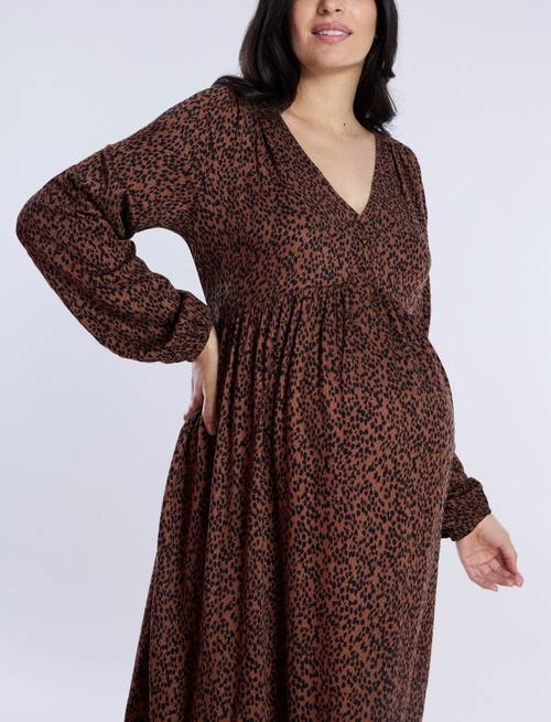 Motherhood Maternity Long Sleeve Button Front Maternity Midi Dress In Brown Animal
