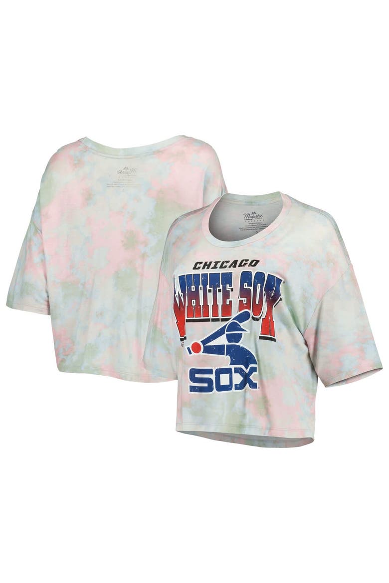 Women's Majestic Threads Chicago White Sox Cooperstown Collection Tie-Dye Boxy Cropped Tri-Blend T-Shirt, Main, color, Light Blue