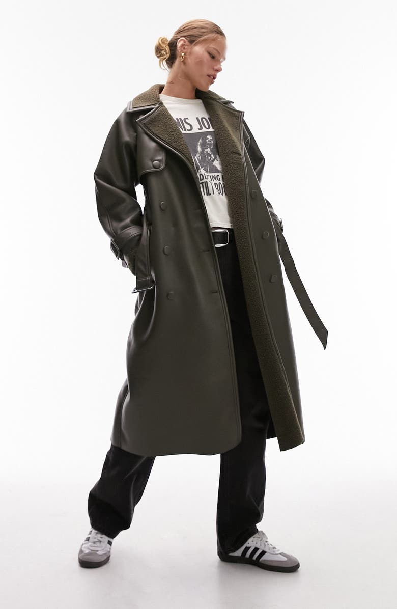 Topshop Faux Leather Trench Coat with Fleece Trim, Main, color, 