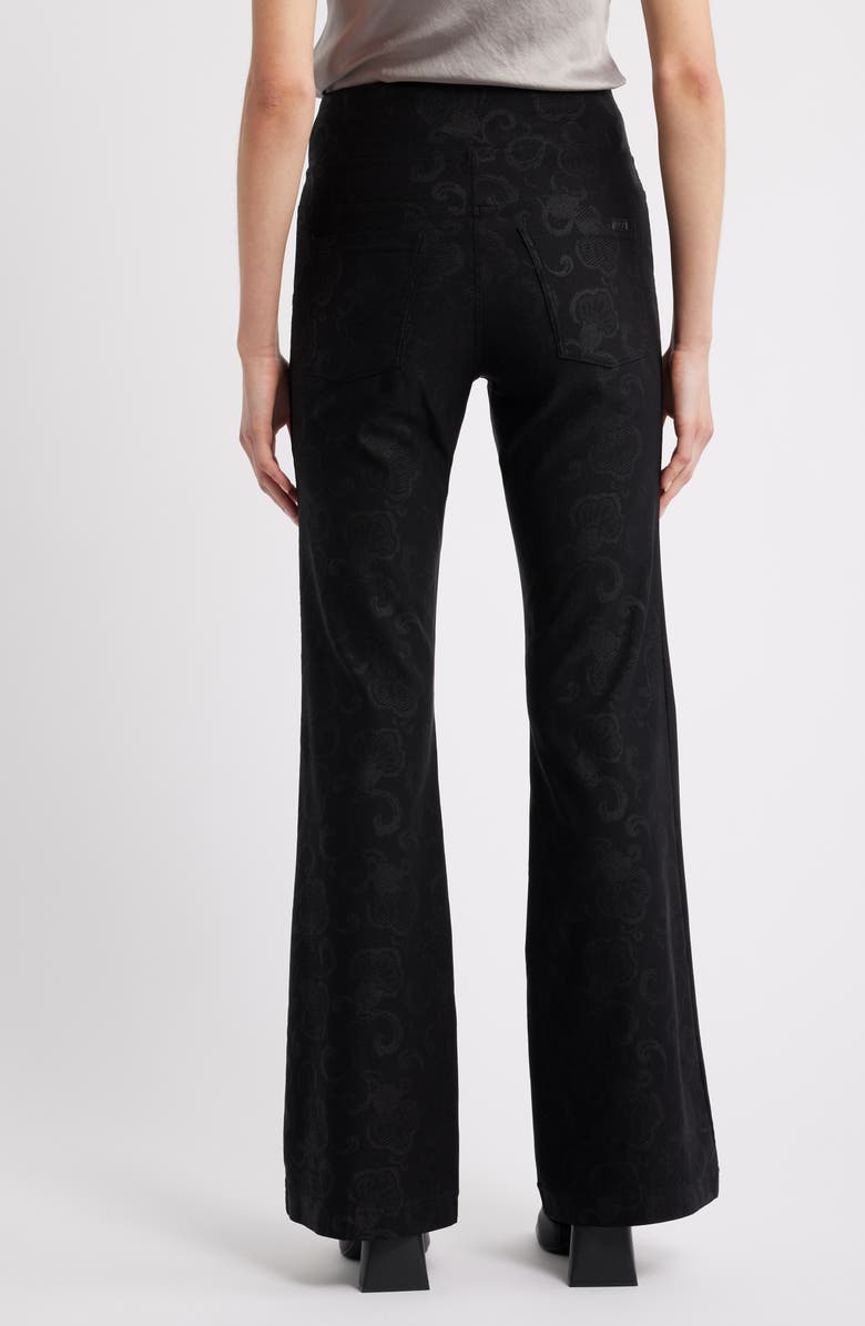 Hue High Waist Etched Floral Flare Leg Pants, Alternate, color, Black