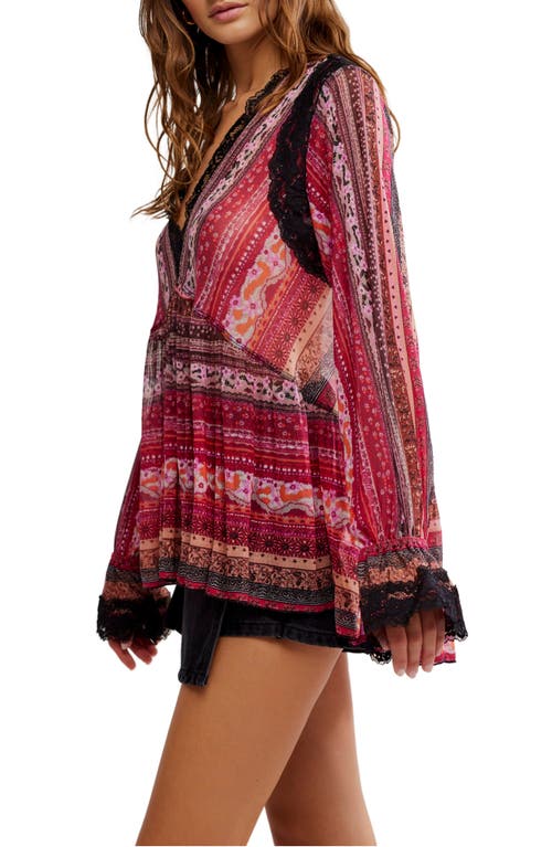 Free People Natalie Print Lace Long Sleeve Minidress In Plum Combo