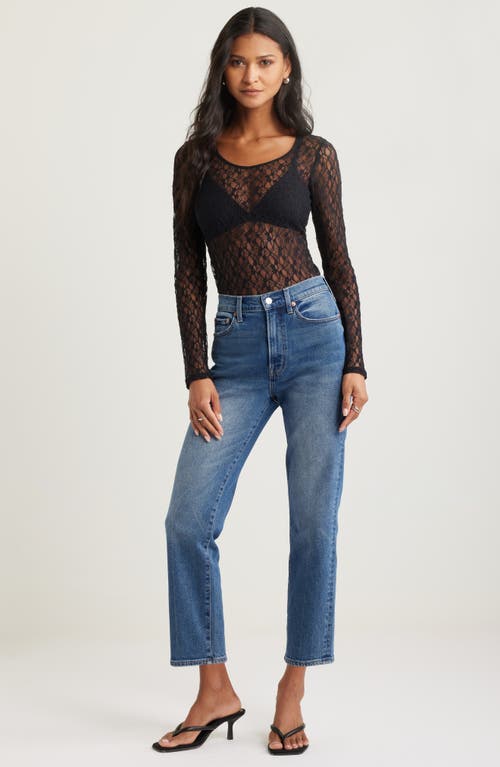 Open Edit Sheer Lace Top In Black