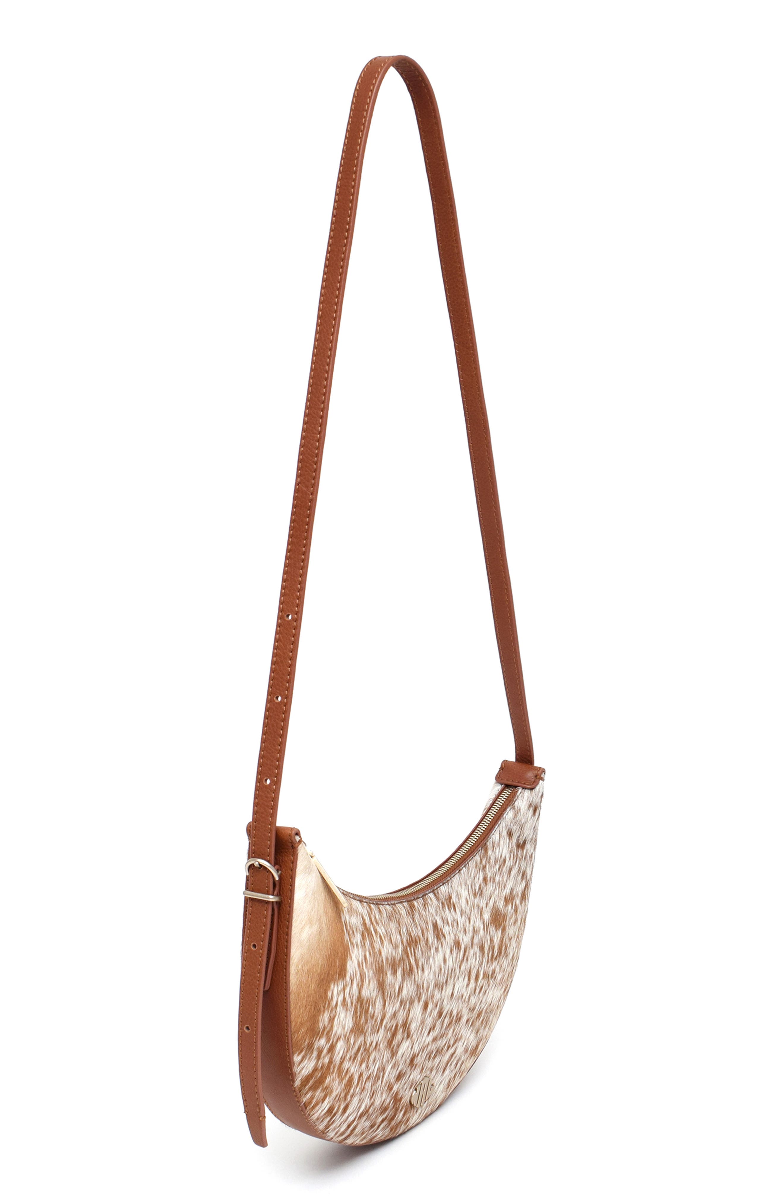 New Amsterdam Leatherworks Silas Genuine Calf Hair Saddle Bag, Alternate, color, Chestnut/ Ivory