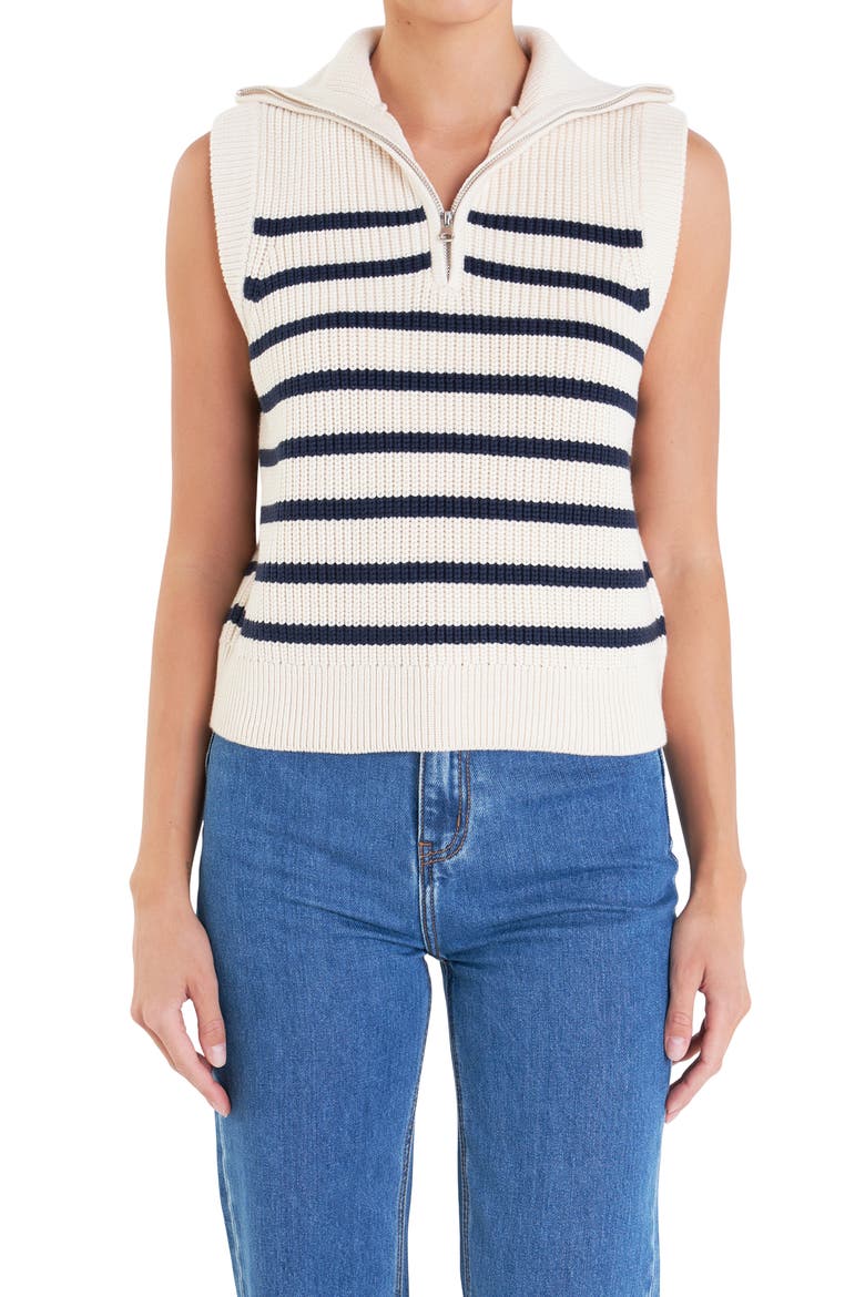 Stripe Sleeveless Quarter Zip Sweater, Alternate, color, CREAM/ NAVY