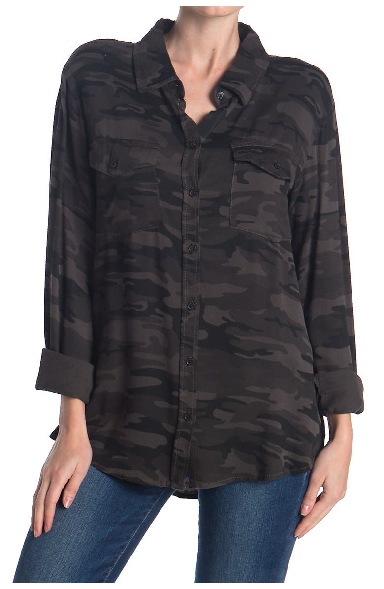 Sanctuary Long Sleeve Camo Tencel Boyfriend Shirt, Main, color, 