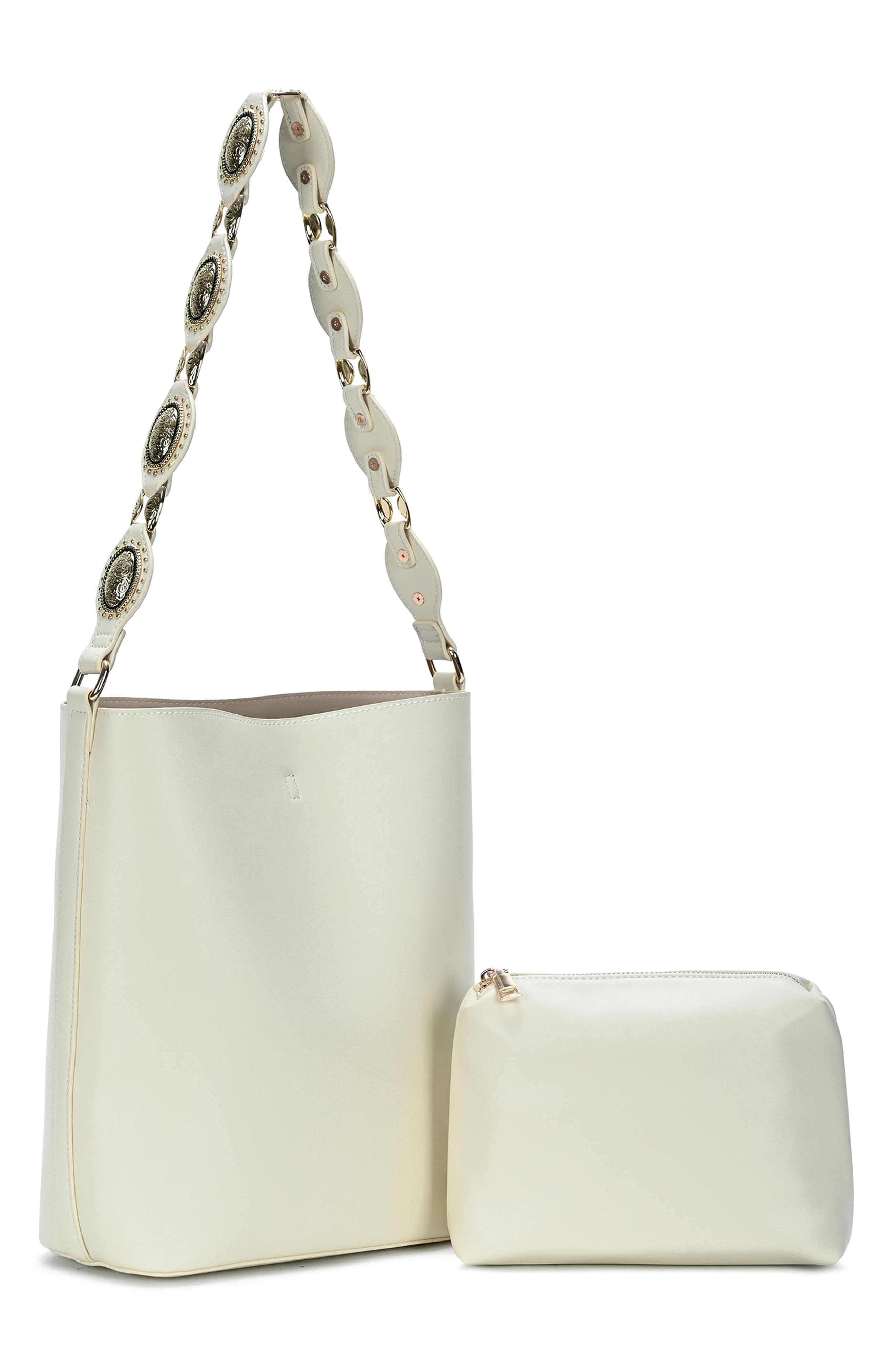 Western Studded Strap Faux Leather Shoulder Bag, Alternate, color, BONE
