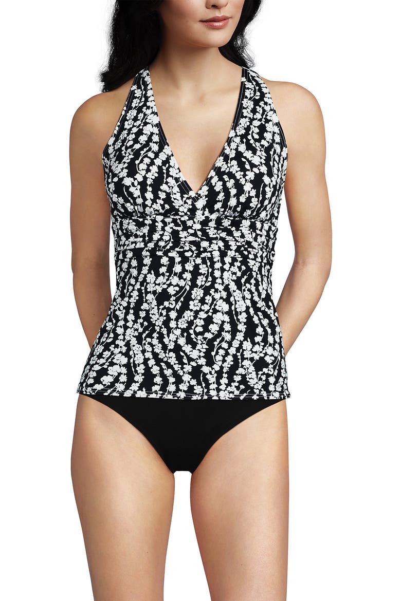 D-Cup V-Neck Plunge X Back Tankini Top, Alternate, color, Black/White Vine Floral
