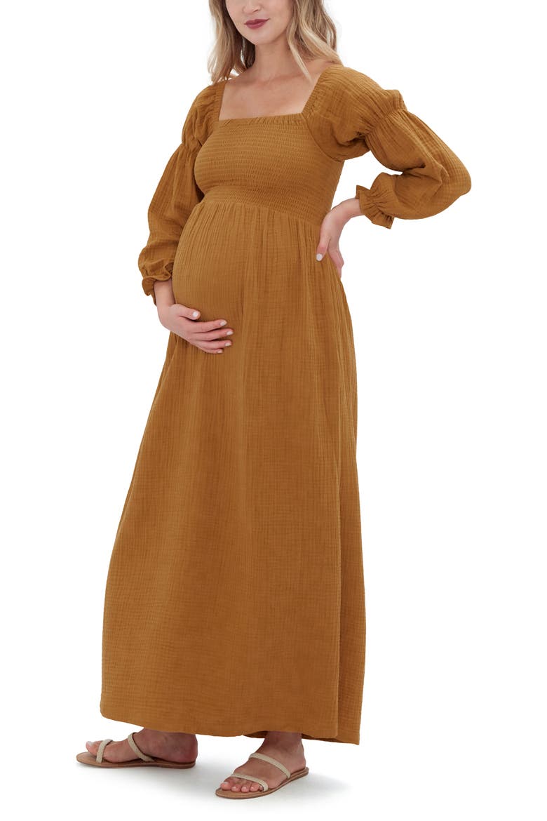 Ingrid & Isabel® Smocked Long Sleeve Maternity Maxi Dress, Main, color, GOLDEN BROWN