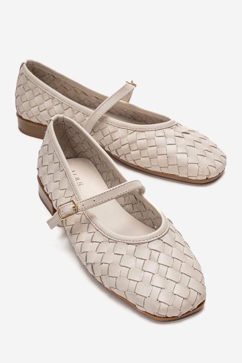 Yevora Leather Woven Strap Ballet Flat