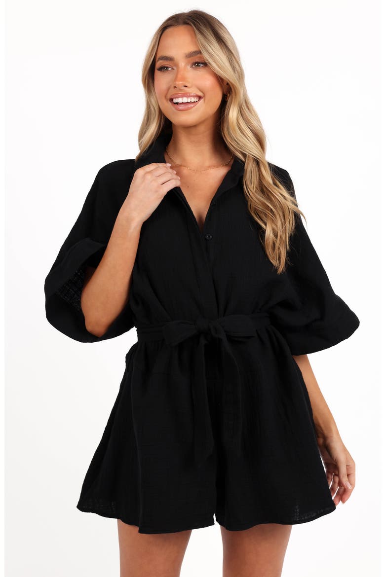 Jemmy Tie Waist Cotton Gauze Romper, Alternate, color, BLACK