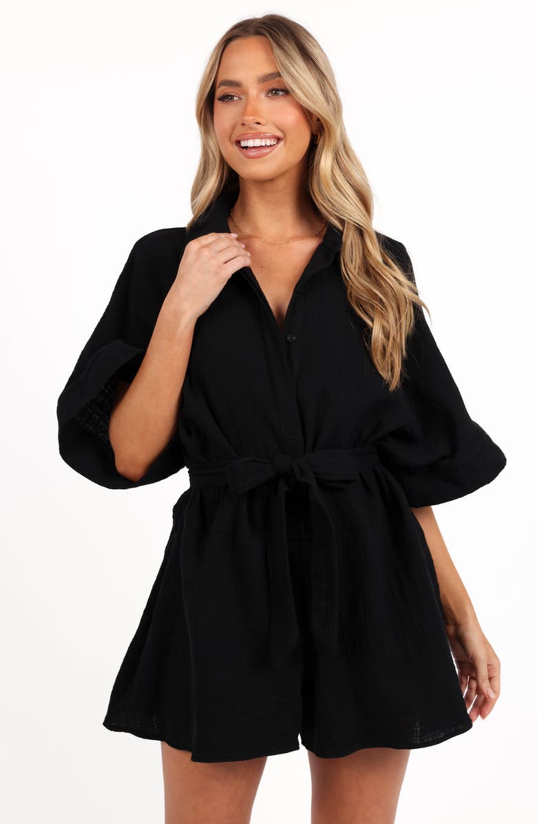 Petal & Pup Jemmy Tie Waist Cotton Gauze Romper, Alternate, color, Black