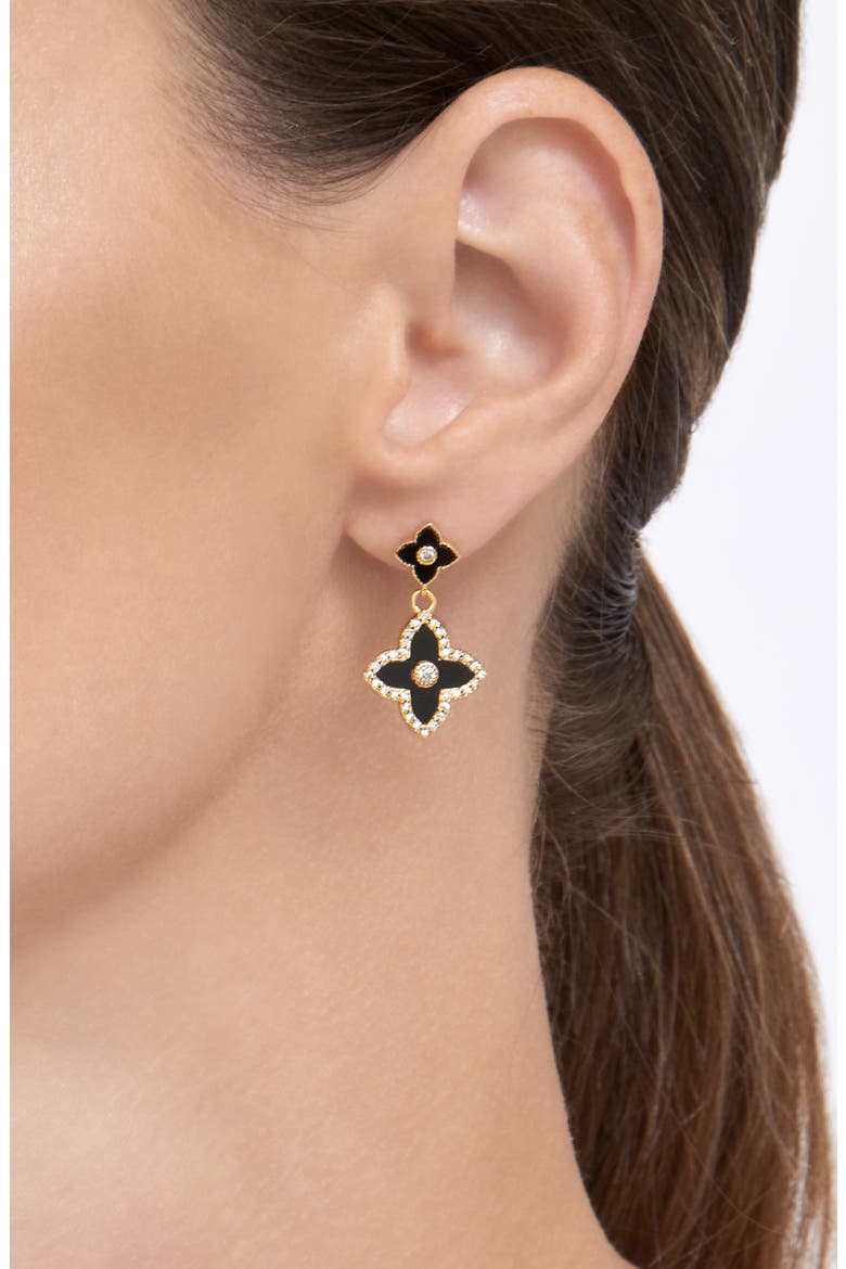 Black Inlay Cubic Zirconia Clover Pendant Necklace & Drop Earrings Set, Alternate, color, BLACK/ GOLD