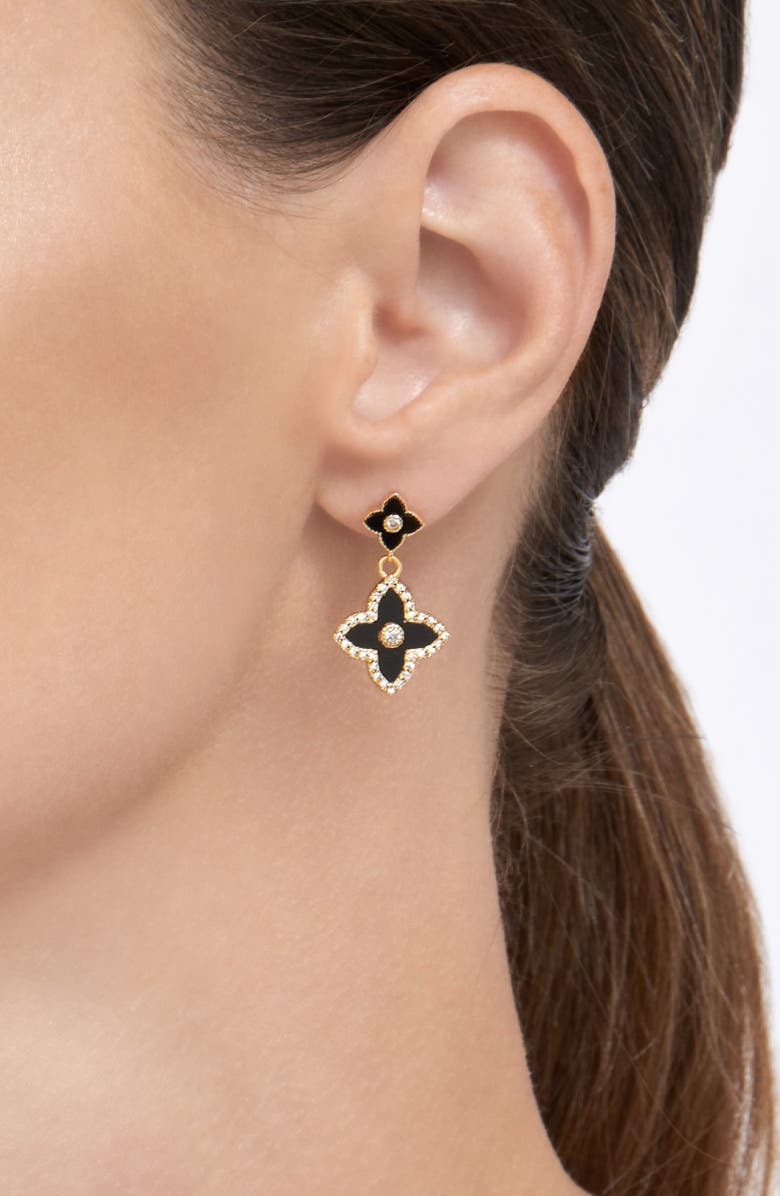 Adornia Black Inlay Cubic Zirconia Clover Pendant Necklace & Drop Earrings Set, Alternate, color, Black/ Gold