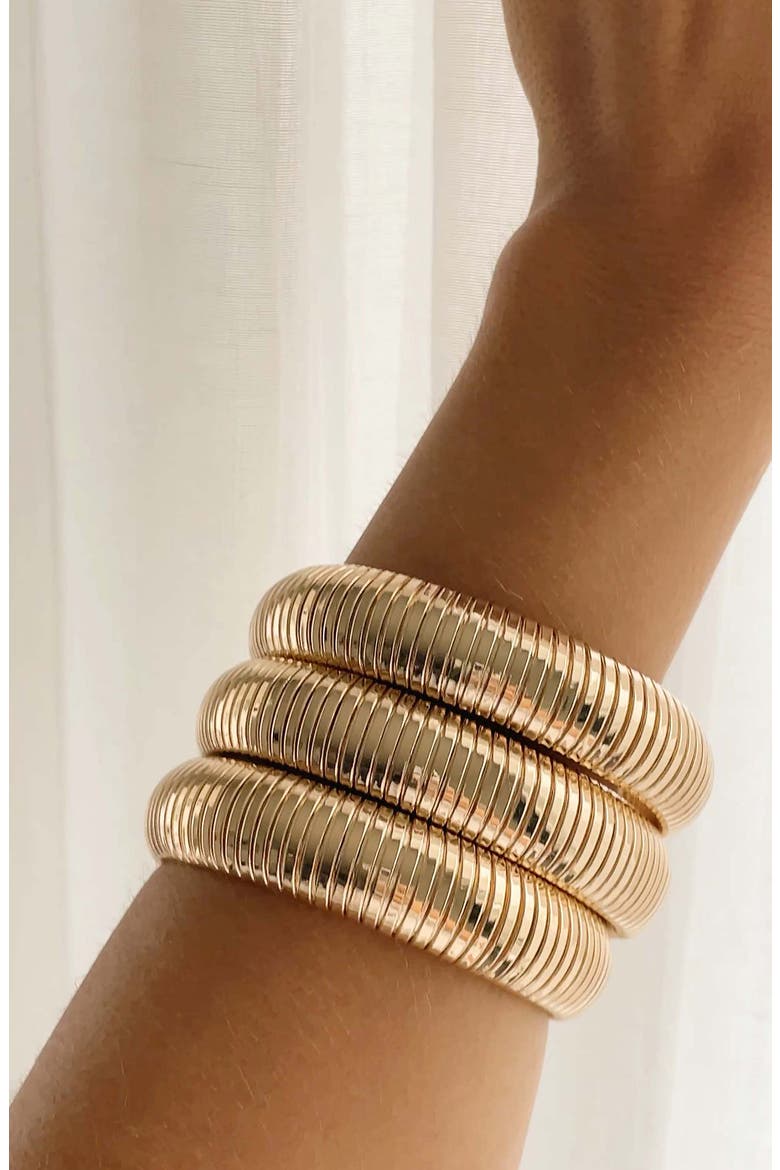 Set of 3 Two Tone Stretch Cuff Bracelets, Alternate, color, GOLD