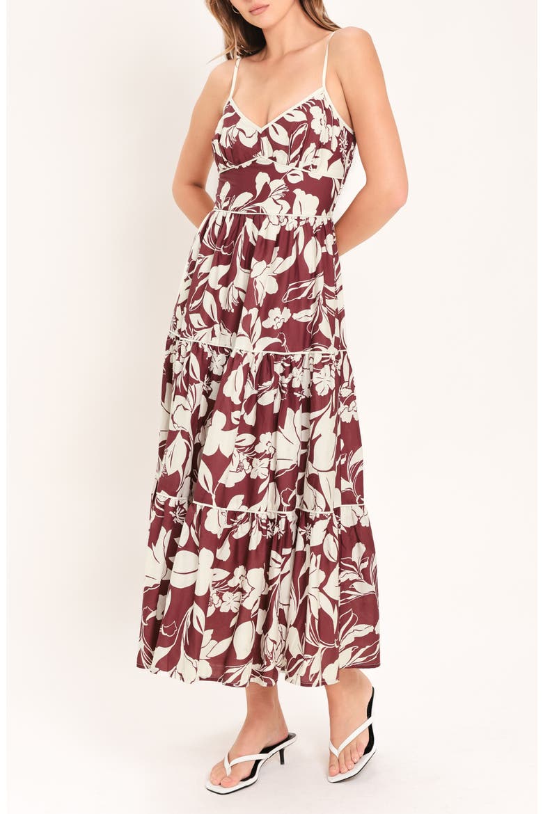 Floral Tiered Cotton Midi Dress, Main, color, MAROON