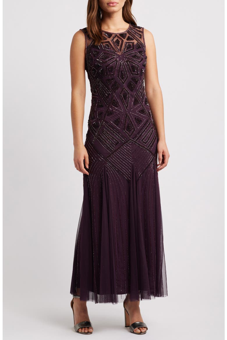 Geometric Beaded Sleeveless Gown, Main, color, WINE