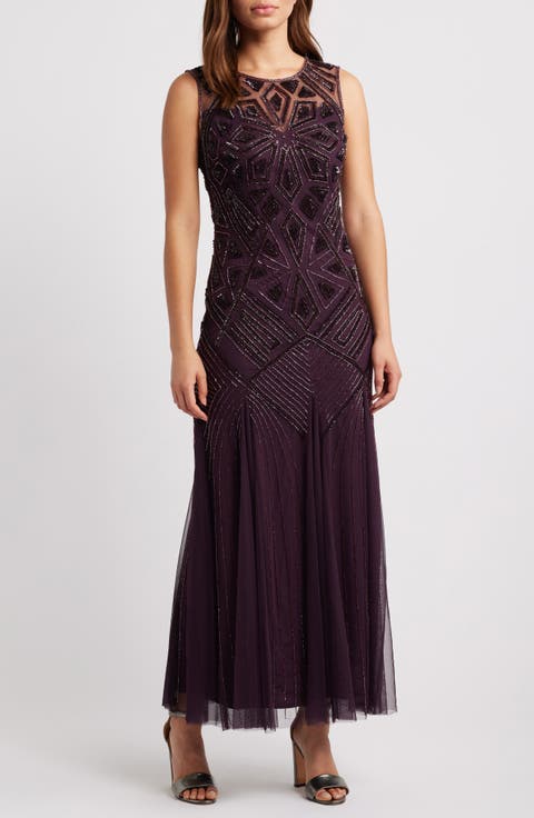 Geometric Beaded Sleeveless Gown