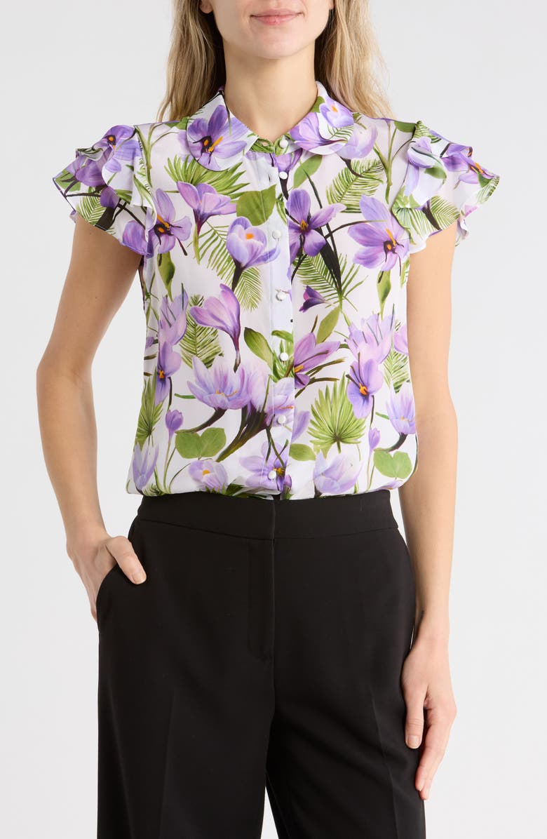 Alice + Olivia Ziggy Ruffle Cap Sleeve Top, Main, color, Floral Palm Cream