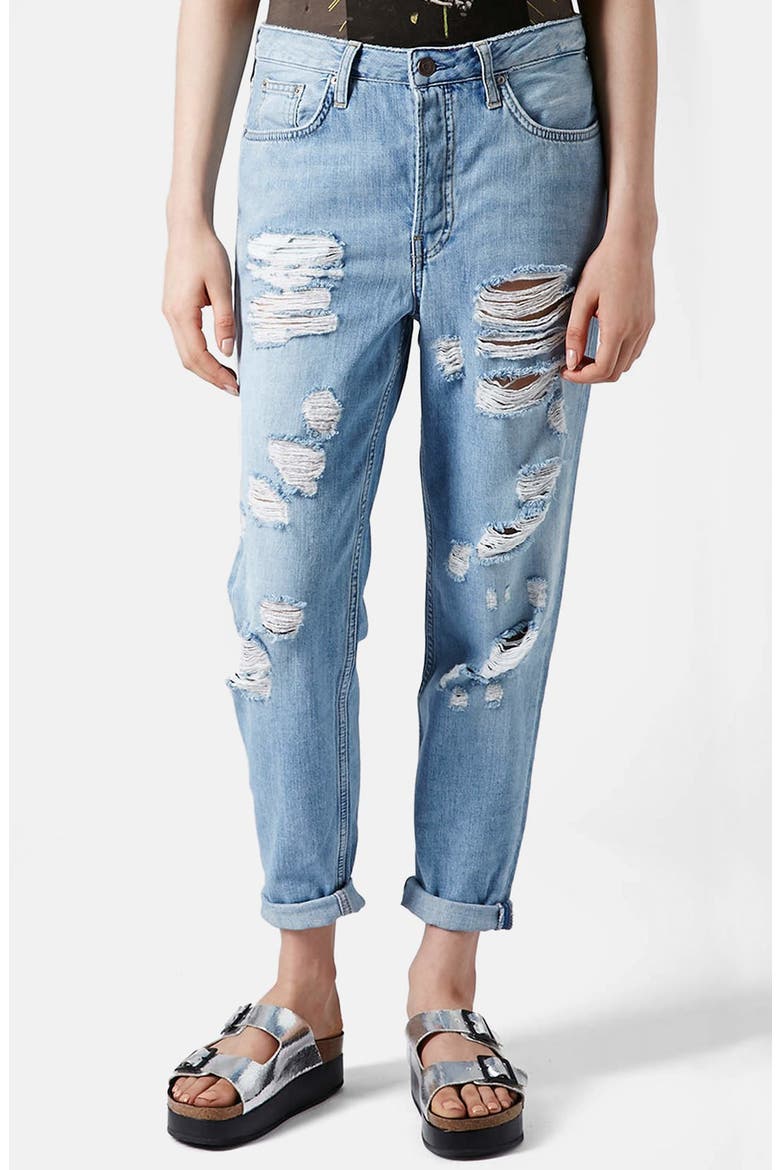 Moto Destroyed Boyfriend Jeans, Main, color, LIGHT DENIM