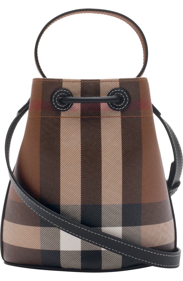 Burberry Mini Check Bucket Bag, Alternate, color, Dark Birch Brown