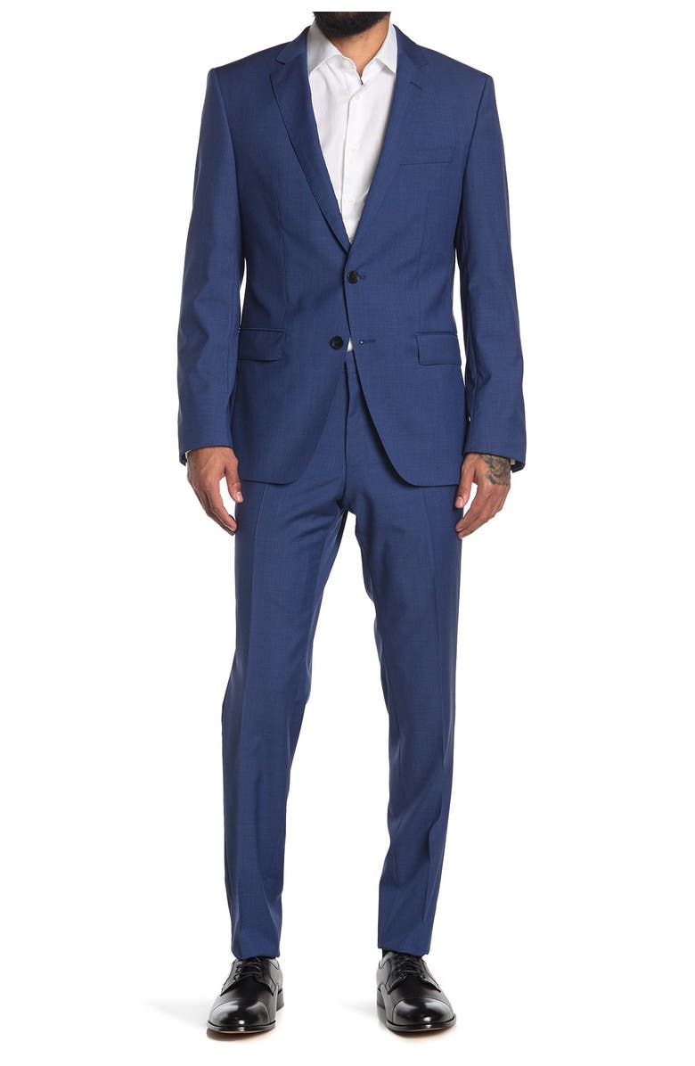 BOSS Huge Genius Blue Solid Two Button Notch Lapel Wool Suit, Main, color, 