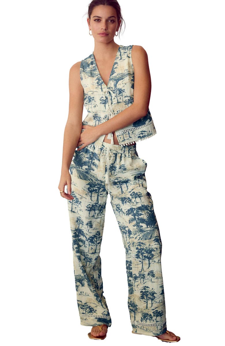 NEXT Tree Print Tie Front Sleeveless Top, Alternate, color, Blue Palm Print