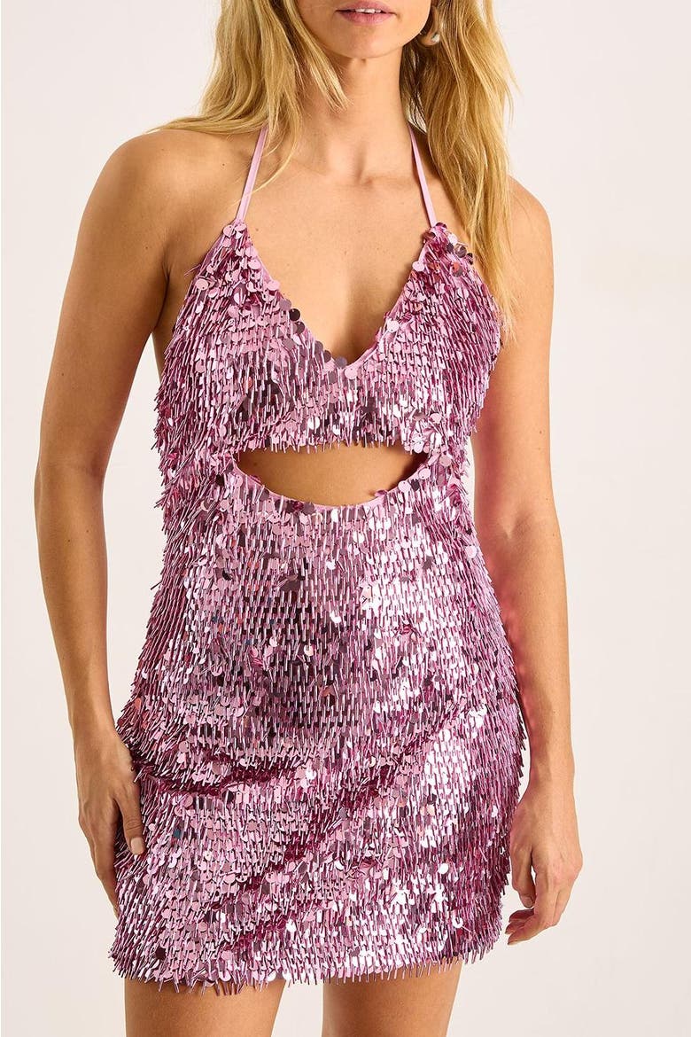Disc Tassel Halter Mini Dress, Alternate, color, Pink