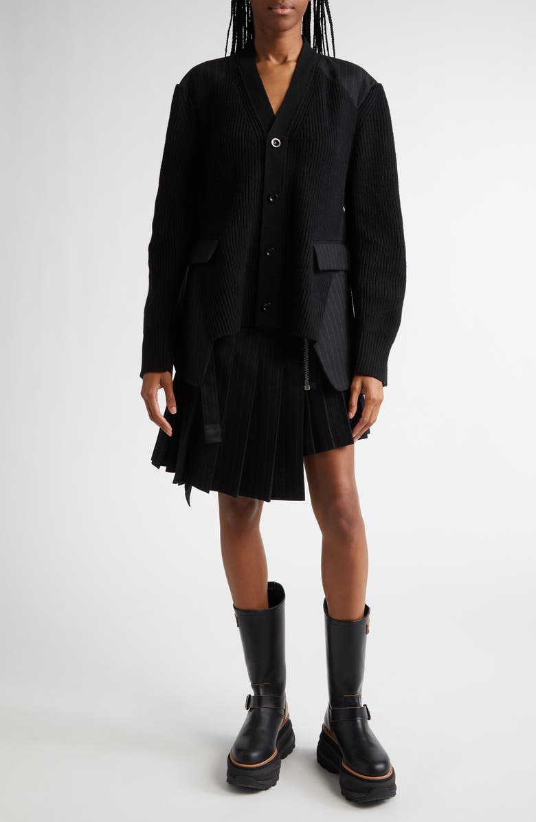 Sacai Mixed Media Wool Cardigan, Alternate, color, 