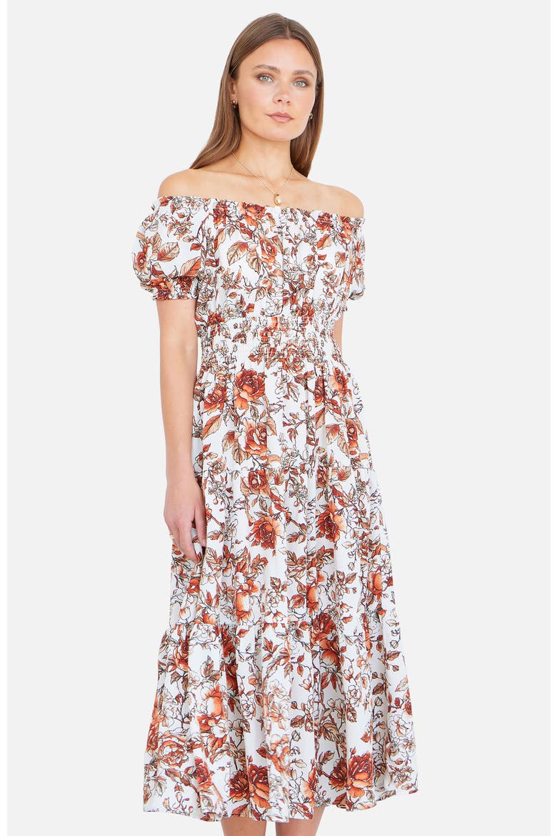 Floral Ruched Waist Midi Dress, Alternate, color, Orange