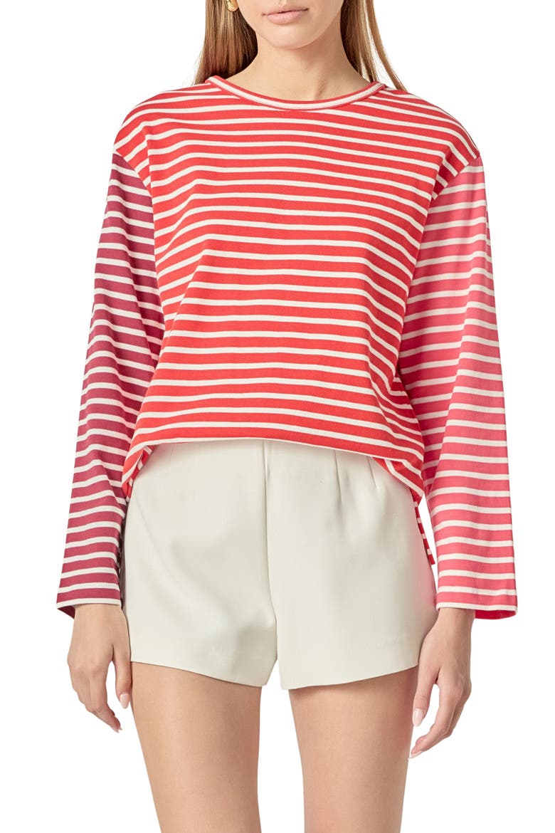 Colorblock Stripe Long Sleeve Cotton T-Shirt, Main, color, RED MULTI