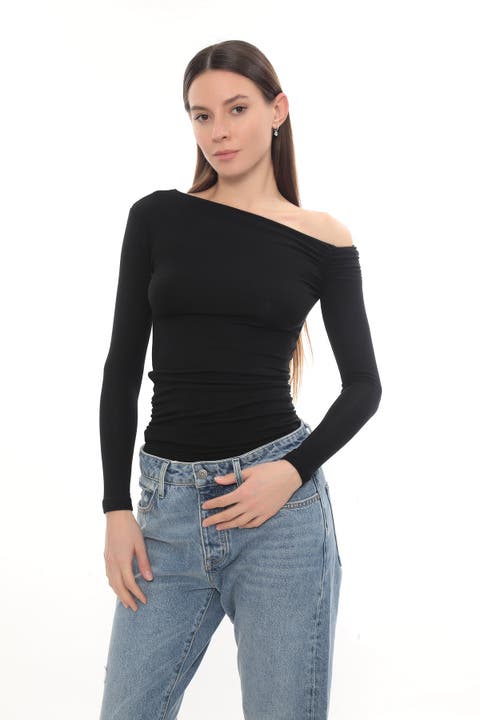 Asymmetric Off Shoulder Long Sleeve Stretch Lune Top