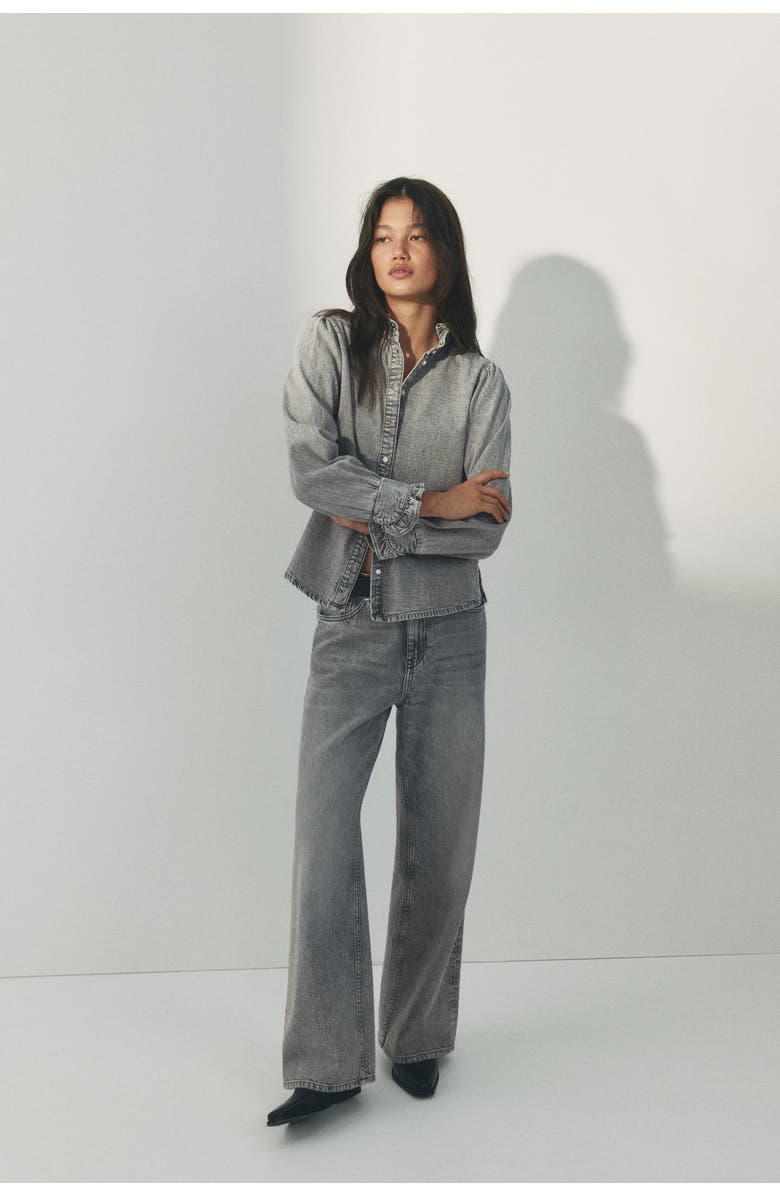 H&M Ruffle-trimmed denim blouse, Alternate, color, Gray