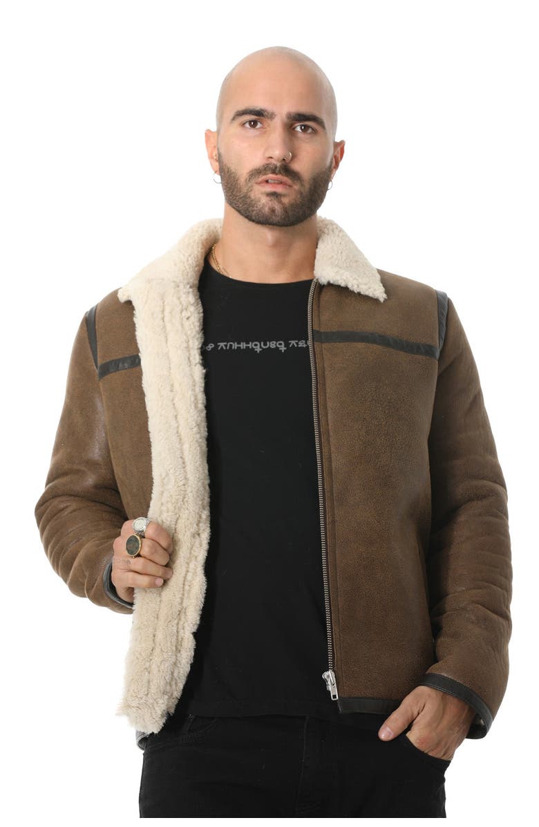 Furniq UK Hugh Leather Shearling Jacket, Alternate, color, Camel Brown