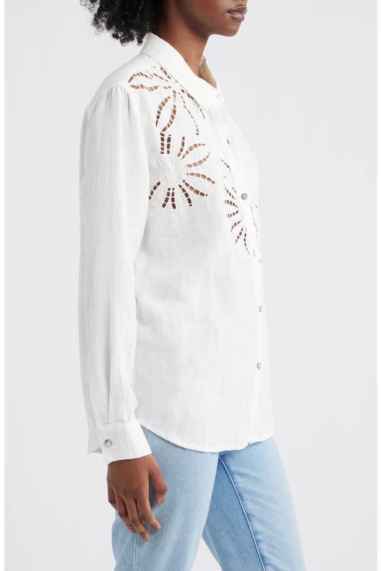 Samar Floral Embroidery Detail Linen Blend Button-Up Shirt, Alternate, color, WHITE