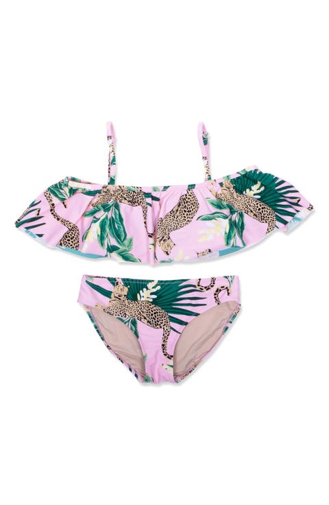 Kids' Tropical Leopard Off the Shoudler Two-Piece Swimsuit (Big Kid)