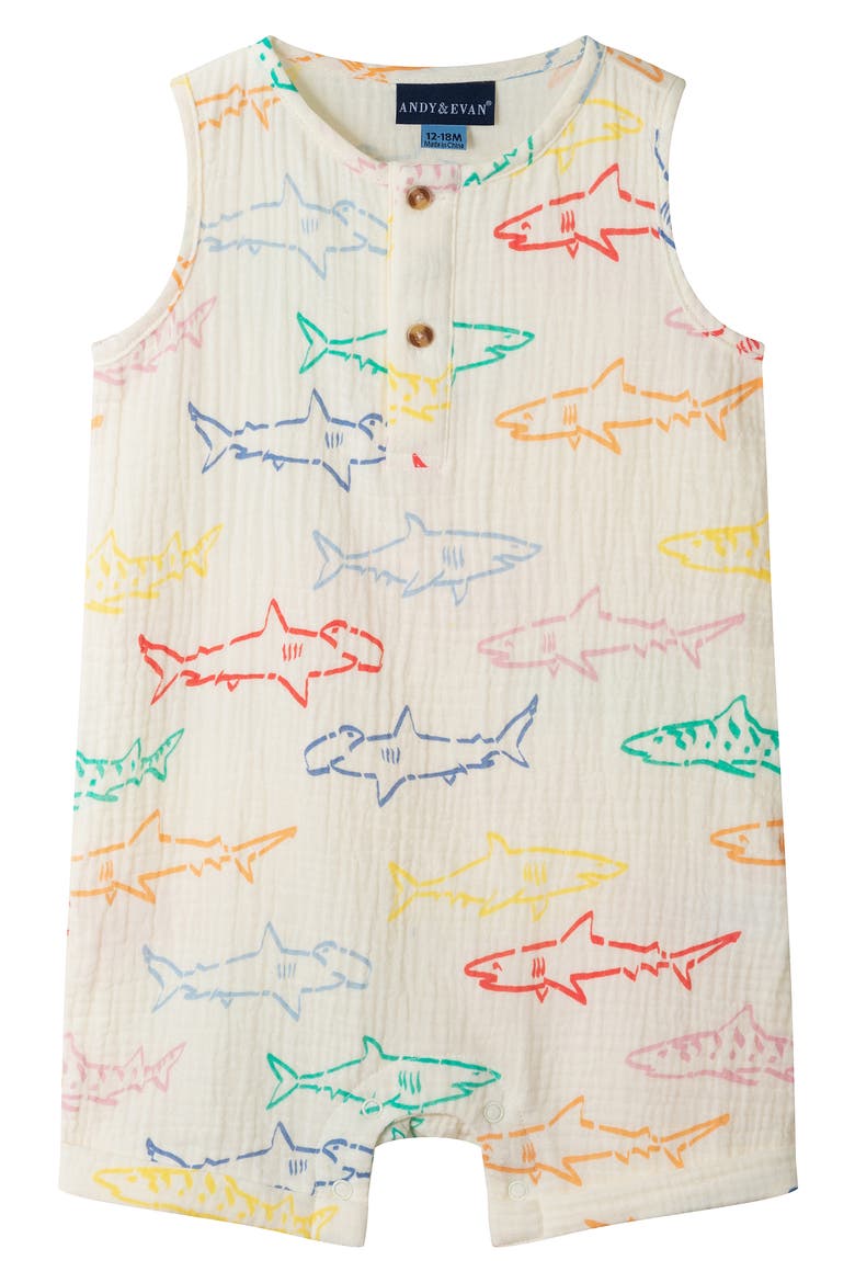 Cotton Seersucker Romper & Hat Set, Alternate, color, WHITE SHARK