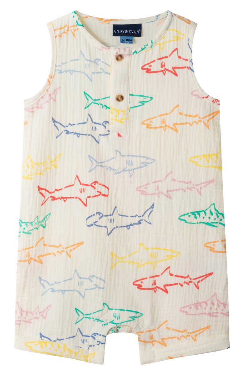 Andy & Evan Cotton Seersucker Romper & Hat Set, Alternate, color, White Shark