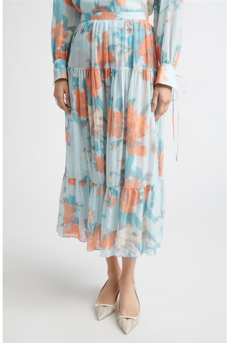 Floral Print Tiered Cotton & Silk Voile Midi Skirt, Main, color, TRAILING POPPY DREAM BLUE