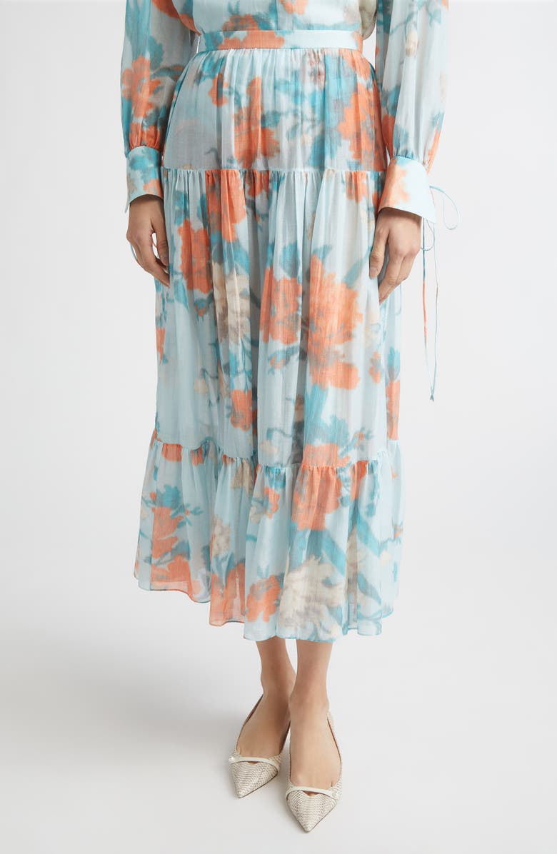 Erdem Floral Print Tiered Cotton & Silk Voile Midi Skirt, Main, color, Trailing Poppy Dream Blue