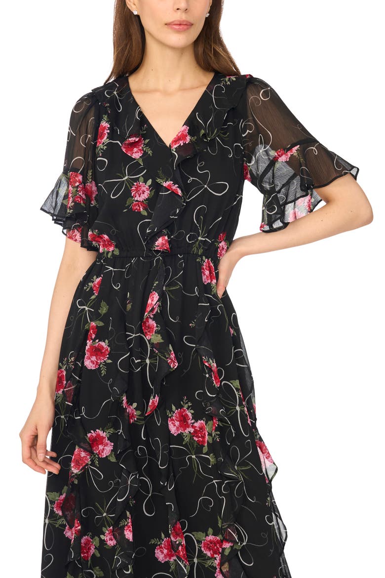 Flutter Sleeve V-Neck Midi Dress, Alternate, color, RICH BLACK